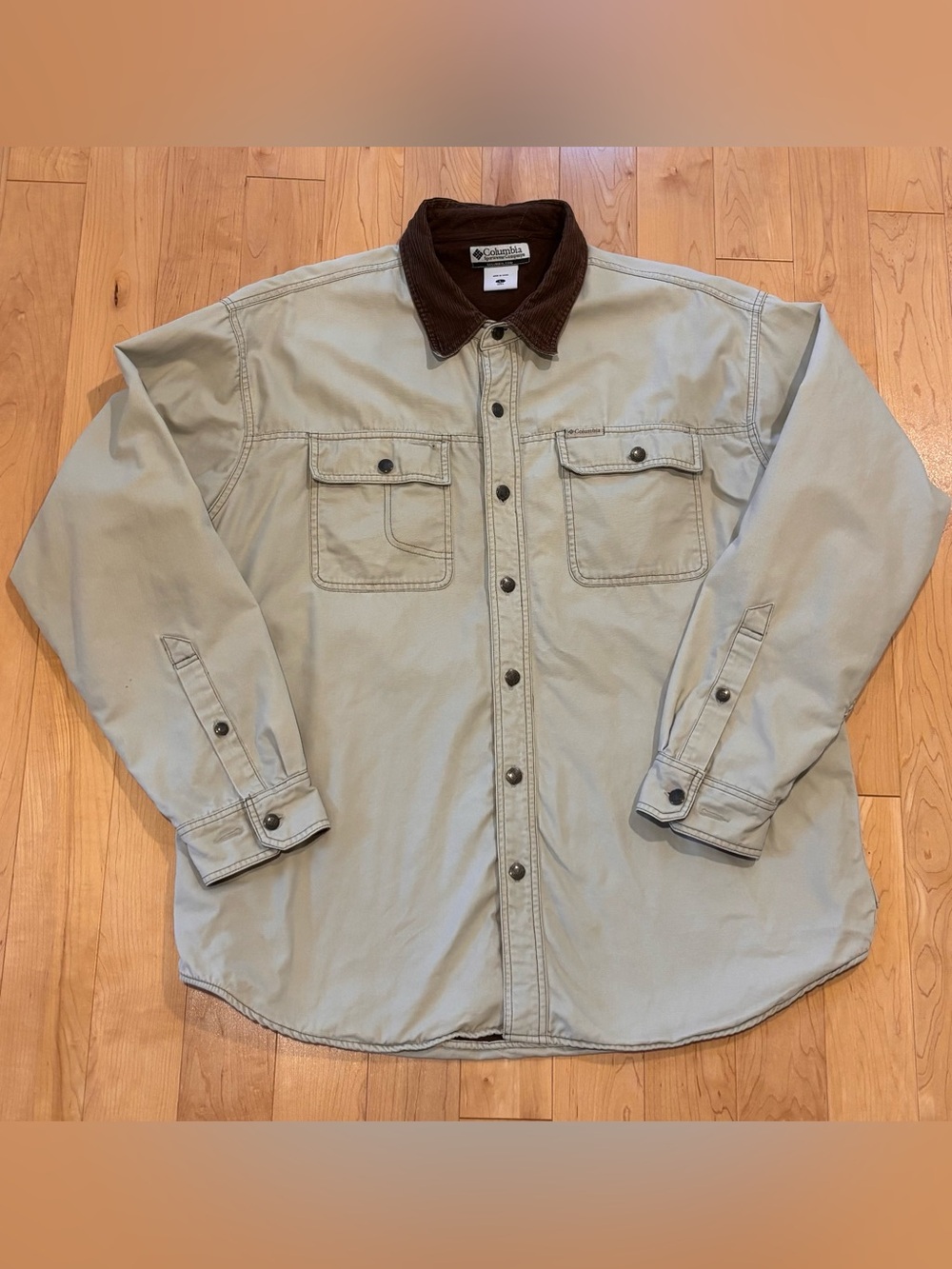 Vintage Columbia Canvas Utility Shirt Jacket beige w/brown fleece lining size L